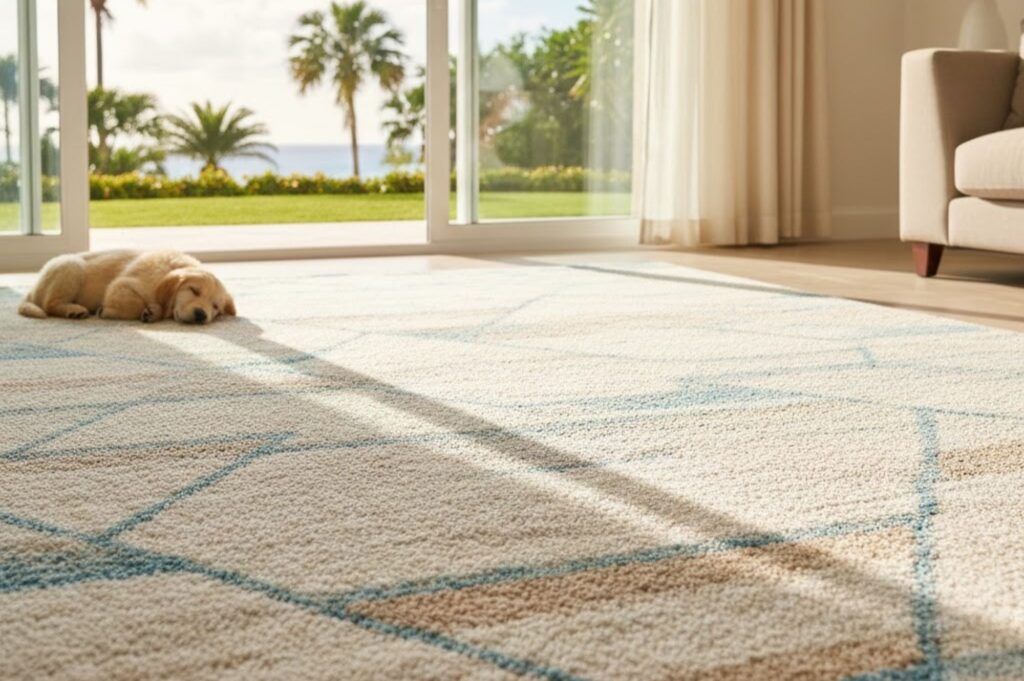 Como Lavar Tapetes em Itapema: O Guia Profissional para Proteger Fibras da Umidade e da Areia 7 Sala de estar luxuosa com vista para o mar em Itapema, apresentando um tapete geométrico higienizado e um sofá de tecido claro. Um filhote de cachorro dorme no tapete limpo. Referência para serviços de higienização e limpeza de sofá em Itapema.