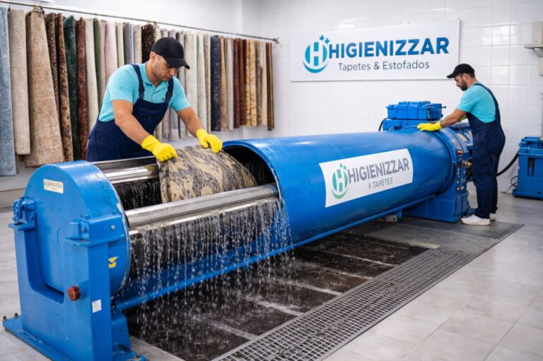 Home 1 Limpeza de Tapete em Itapema realizada na Higienizzar Tapetes com centrífuga industrial para remoção profunda de sujeira, ácaros e excesso de umidade.