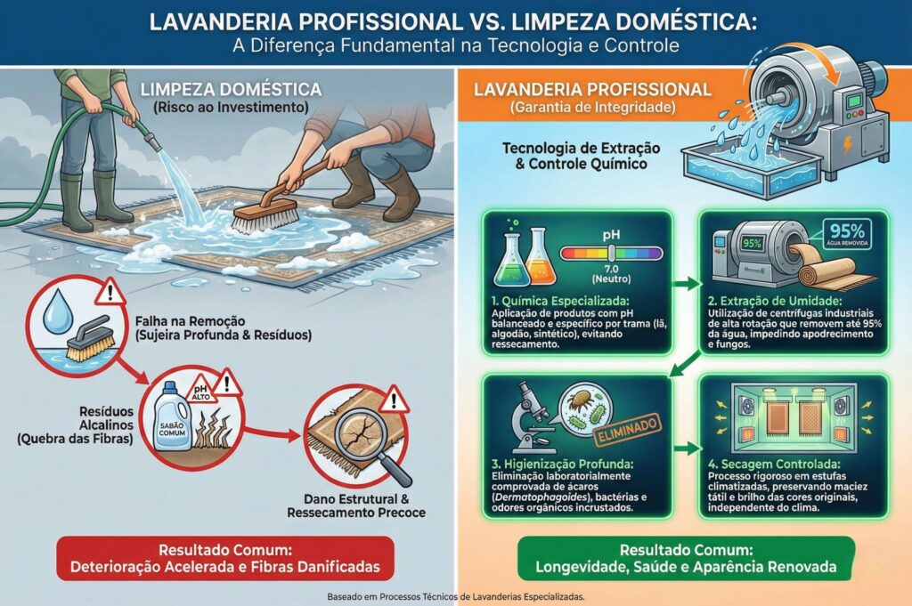 Lavanderia de Tapetes em Itapema: Por que a Limpeza Doméstica Pode Destruir o Seu Investimento? 1 A diferença fundamental está na tecnologia de extração de fluidos e no controle químico do processo. Enquanto a limpeza doméstica falha na remoção da sujeira profunda e deixa resíduos alcalinos que quebram as fibras, a lavanderia de tapetes profissional garante a integridade da peça através dos seguintes pilares técnicos: