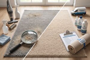 Comparativo entre higienizar tapete em casa ou com um profissional: de um lado, tapete escuro com areia, lupa e itens domésticos; do outro, fibras limpas e restauradas pela Higienizzar Tapetes