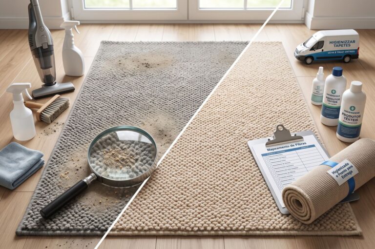 Comparativo entre higienizar tapete em casa ou com um profissional: de um lado, tapete escuro com areia, lupa e itens domésticos; do outro, fibras limpas e restauradas pela Higienizzar Tapetes