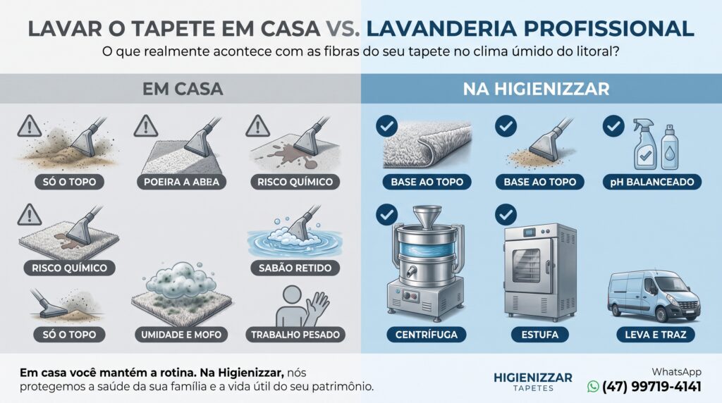 Infográfico comparativo entre limpar tapete em casa e higienização profissional em lavanderia com centrífuga industrial em Itapema e Balneário Camboriú